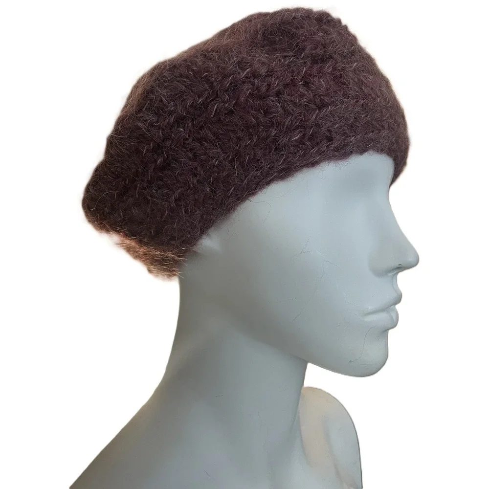 Helena Ruuth Handmade in Ireland Mohair Wool Blend Beret Hat Plum Burgundy Fuzzy